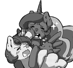 Size: 465x433 | Tagged: artist needed, safe, princess luna, oc, oc:anon filly, alicorn, earth pony, pony, 4chan, blushing, drawthread, eyes closed, female, filly, hape, hug, monochrome, spread wings, wavy mouth, wings