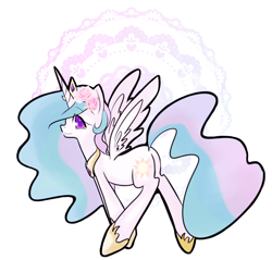 Size: 1004x959 | Tagged: safe, artist:lessue, princess celestia, alicorn, pony, flower, flower in hair, looking at you, looking back, plot, solo