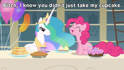 Size: 960x540 | Tagged: safe, edit, edited screencap, screencap, pinkie pie, princess celestia, alicorn, earth pony, pony, a bird in the hoof, bitch, cake, cup, cupcake, eating, female, food, image macro, lidded eyes, mare, messy eating, open mouth, pie, puffy cheeks, sandwich, sitting, smiling, table, teacup, this will end in banishment, this will end in tears and/or a journey to the moon, vulgar