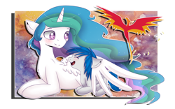 Size: 1920x1200 | Tagged: safe, artist:pastelflakes, philomena, princess celestia, oc, alicorn, pegasus, pony, momlestia