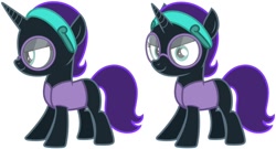 Size: 734x397 | Tagged: artist needed, source needed, safe, oc, oc only, oc:nyx, alicorn, pony, alicorn oc, blank flank, clothes, female, filly, glasses, headband, horn, simple background, smiling, smirk, smug, solo, standing, transparent background, vest