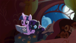 Size: 960x540 | Tagged: safe, artist:duo cartoonist, artist:lionheartcartoon, twilight sparkle, twilight sparkle (alicorn), oc, oc:nyx, alicorn, pony, fanfic:past sins, alicorn oc, animated, bed, bedtime story, book, cute, daughter, eye shimmer, female, hnnng, like mother like daughter, lying, lying down, magic, mama twilight, mother, mother and child, mother and daughter, night, nyxabetes, parent and child, pirate, prone, reading, show accurate, spread wings, talking, weapons-grade cute, window