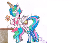 Size: 943x568 | Tagged: safe, artist:ados-e, princess celestia, alicorn, pony, boots, clothes, muffin, scarf, solo, traditional art