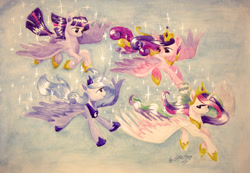 Size: 1024x709 | Tagged: safe, artist:skyaircobra, princess cadance, princess celestia, princess luna, twilight sparkle, twilight sparkle (alicorn), alicorn, pony, alicorn tetrarchy, clothes, crown, flying, shoes, traditional art, watercolor painting