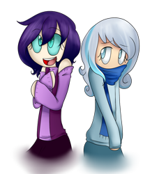 Size: 846x889 | Tagged: safe, artist:pockygirl09, oc, oc only, oc:nyx, oc:snowdrop, human, arm hooves, clothes, female, human coloration, humanized, light skin, no nose, open mouth, scarf, simple background, smiling, snownyx, transparent background