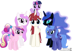 Size: 9980x7010 | Tagged: safe, artist:90sigma, nightmare moon, princess cadance, princess celestia, princess luna, twilight sparkle, twilight sparkle (alicorn), oc, oc:fausticorn, alicorn, pony, absurd resolution, alicorn tetrarchy, filly, lauren faust, pink-mane celestia, s1 luna, simple background, transparent background, vector, woona, younger