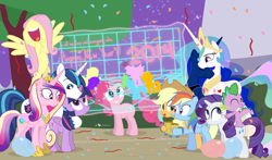 Size: 2014x1185 | Tagged: safe, artist:dm29, applejack, fluttershy, pinkie pie, princess cadance, princess celestia, princess luna, rainbow dash, rarity, shining armor, spike, twilight sparkle, twilight sparkle (alicorn), alicorn, dragon, earth pony, pegasus, pony, unicorn, 2014, cider, confetti, fangs, female, happy new year, hug, mane seven, mane six, mare, new year, nuzzling, tron