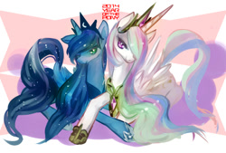 Size: 1000x676 | Tagged: safe, artist:tc, princess celestia, princess luna, alicorn, pony, 2014, abstract background, crossover, duo, female, jewelry, lying down, mare, new year, pixiv, regalia