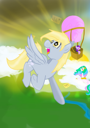 Size: 2480x3508 | Tagged: safe, artist:jonah-yeoj, derpy hooves, princess celestia, twilight sparkle, alicorn, pegasus, pony, female, hot air balloon, mare, twinkling balloon