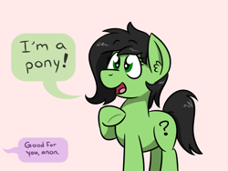 Size: 800x600 | Tagged: safe, artist:glimglam, oc, oc only, oc:anon, oc:anon filly, earth pony, pony, dialogue, female, filly, offscreen character, open mouth, simple background, solo