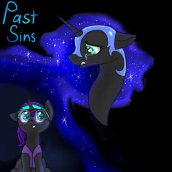 Size: 400x400 | Tagged: safe, artist:horsesenchanted, nightmare moon, oc, oc:nyx, alicorn, pony, fanfic:past sins, alicorn oc, crying, fanfic, fanfic art, fanfic cover, nightmare nyx, solo, two sides