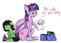 Size: 1902x1340 | Tagged: safe, artist:crownhound, twilight sparkle, twilight sparkle (alicorn), oc, oc:anon filly, alicorn, earth pony, pony, book, fail, female, filly, grades, mama twilight, saddle bag