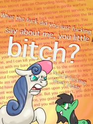 Size: 768x1024 | Tagged: safe, artist:dreadlime, bon bon, sweetie drops, oc, oc:anon filly, earth pony, pony, bon bon is not amused, copypasta, female, filly, mare, meme, navy seal copypasta, unamused, vulgar