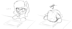 Size: 2798x1142 | Tagged: safe, artist:smoldix, oc, oc only, oc:anon filly, pony, ..., desk, dialogue, ear fluff, female, filly, frustrated, graphics tablet, grayscale, headdesk, monochrome, mouth hold, sketch, solo, stylus, tablet, ugh