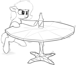 Size: 1736x1485 | Tagged: safe, artist:smoldix, oc, oc only, oc:anon filly, pony, alcohol, beer, beer bottle, booze, chest fluff, crystal, crystal furniture, ear fluff, female, filly, floppy ears, grayscale, hoofy-kicks, monochrome, reaching, scrunchy face, simple background, solo, table, white background, wobbling