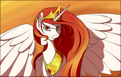 Size: 1600x1024 | Tagged: safe, artist:tlatophat, princess celestia, alicorn, pony, ear fluff, frown, glare, looking at you, palette swap, princess solestia, serious, solo, spread wings