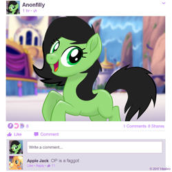 Size: 1080x1080 | Tagged: safe, applejack, oc, oc:anon filly, earth pony, pony, my little pony: the movie, female, filly, mlp movie pony maker, op is a faggot, vulgar