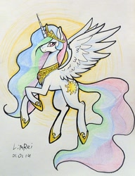 Size: 768x1000 | Tagged: safe, artist:limreiart, princess celestia, alicorn, pony, female, horn, mare, multicolored mane, solo, traditional art, white coat