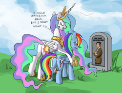 Size: 780x600 | Tagged: safe, princess celestia, rainbow dash, alicorn, pegasus, pony, bitchlestia, butt, celestia's grave meme, cracks in the universe, doctor who, eleventh doctor, exploitable meme, female, implied death, mare, matt smith, meme, plot