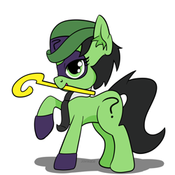 Size: 1400x1400 | Tagged: safe, artist:countryroads, oc, oc only, oc:anon filly, pony, clothes, cosplay, costume, female, filly, raised hoof, simple background, solo, the riddler, white background