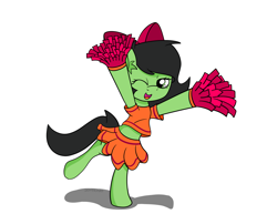 Size: 1400x1082 | Tagged: safe, artist:countryroads, oc, oc only, oc:anon filly, pony, bipedal, bow, cheerleader, clothes, female, filly, hair bow, hooves up, looking at you, midriff, one eye closed, open mouth, simple background, smiling, solo, tomboy taming, white background