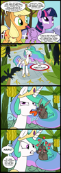 Size: 711x2000 | Tagged: safe, artist:madmax, applejack, princess celestia, twilight sparkle, twilight sparkle (alicorn), alicorn, bat, earth pony, fruit bat, pony, vampire fruit bat, bats!, banana, banana peel, banana tree, bananalestia, blushing, comic, female, food, heart, licking, mare, my precious, prehensile mane, this will end in tears and/or a journey to the moon