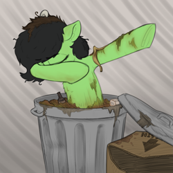 Size: 1639x1639 | Tagged: safe, artist:smoldix, oc, oc only, oc:anon filly, earth pony, pony, abstract background, armpits, banana peel, beer bottle, box, cardboard box, chest fluff, dab, dirty, ear fluff, egg shells, eyes closed, female, filly, floppy ears, hit or miss, messy mane, solo, trash, trash can, underhoof, your waifu is trash