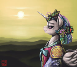 Size: 1835x1596 | Tagged: safe, artist:mrs1989, princess celestia, alicorn, pony, alternate hairstyle, headdress, korean, solo