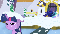 Size: 5500x3141 | Tagged: safe, artist:cpt-firespit, princess celestia, princess luna, twilight sparkle, alicorn, pony, clothes, scarf, snow, snowball, snowball fight, snowfall, twilight is not amused, unamused