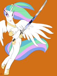 Size: 600x800 | Tagged: safe, artist:chiapetofdoom, nightmare moon, princess celestia, alicorn, pony, bipedal, katana, reflection, solo, sword, warrior celestia, weapon