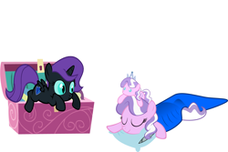 Size: 1500x1000 | Tagged: safe, artist:bronyboy, artist:magerblutooth, artist:twitchytail, diamond tiara, oc, oc:nyx, dinyx, overly attached girlfriend, plushie, toy box