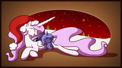 Size: 2131x1199 | Tagged: safe, artist:bigponymac, princess celestia, princess luna, alicorn, pony, christmas, cute, cutelestia, eyes closed, female, filly, hat, mare, santa hat, sisters, smiling, snow, woona