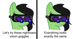 Size: 722x389 | Tagged: safe, oc, oc only, oc:anon filly, female, filly, meme, nightmare vision goggles, simple background, solo, white background