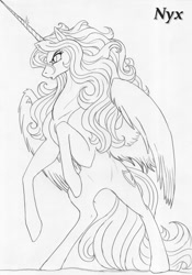 Size: 978x1400 | Tagged: safe, artist:leovictor, oc, oc only, oc:nyx, alicorn, pony, :o, alicorn oc, glare, messy mane, monochrome, older, open mouth, rearing, serious, solo, spread wings