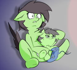 Size: 1014x917 | Tagged: safe, artist:lazynore, oc, oc only, oc:anon filly, pony, 4chan, baby, baby pony, cheek fluff, chest fluff, controller, cute, diaper, female, filly, floppy ears, gritted teeth, hair tie, hoof hold, lip bite, playing, raised leg, scared, shrunken pupils, sitting, sitting on lap, smiling, underhoof, video game