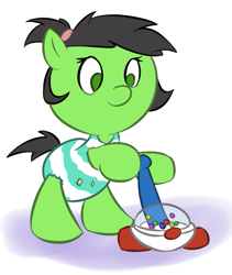 Size: 493x584 | Tagged: safe, artist:lazynore, oc, oc only, oc:anon filly, pony, 4chan, baby, baby pony, bipedal, button, diaper, female, filly, happy, onesie, playing, request, simple background, smiling, standing, toy, white background