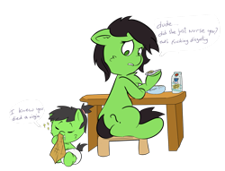 Size: 1585x1212 | Tagged: safe, artist:lazynore, oc, oc only, oc:anon filly, pony, 4chan, baby, baby pony, breakfast, breast milk, cereal, cheek fluff, chest fluff, dialogue, diaper, drool, female, filly, food, hair tie, hoof hold, implied breastfeeding, looking back, milk, milk carton, simple background, sitting, smiling, sparkles, spoon, stool, table, tail between legs, transparent background, underhoof, vulgar, wiping