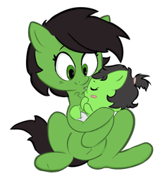 Size: 919x970 | Tagged: safe, artist:lazynore, oc, oc only, oc:anon filly, pony, 4chan, baby, baby pony, blushing, chest fluff, cradling, cute, diaper, female, filly, happy, holding, holding a pony, hug, motherly, request, simple background, sitting, sleeping, smiling, transparent background