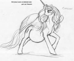 Size: 1000x835 | Tagged: safe, artist:leovictor, oc, oc only, oc:nyx, alicorn, pony, :o, alicorn oc, looking back, messy mane, monochrome, older, open mouth, pregnant, raised hoof, sketch, solo, spread wings