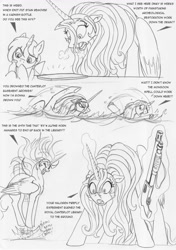 Size: 915x1300 | Tagged: safe, artist:leovictor, dinky hooves, oc, oc:nyx, angry, book, chase, dialogue, eyes closed, gritted teeth, gun, magic, monochrome, older, open mouth, screaming, shotgun, sketch, snorting, stomping, swimming, telekinesis, this will end in tears and/or death, weapon, wide eyes