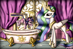 Size: 3840x2600 | Tagged: safe, artist:neko-me, princess celestia, twilight sparkle, alicorn, pony, unicorn, :t, bath, brush, cute, female, filly, filly twilight sparkle, forced bathing, glare, magic, mare, momlestia, pouting, smiling, sponge, twiabetes, twilight is not amused, unamused, wet mane