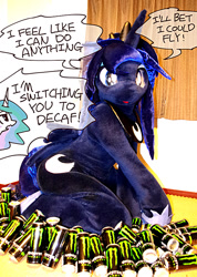 Size: 568x800 | Tagged: safe, artist:kolshica, princess celestia, princess luna, human, cosplay, fursuit, irl, irl human, luna found the coffee, monster energy, photo