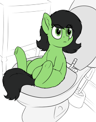 Size: 946x1200 | Tagged: safe, artist:smoldix, oc, oc only, oc:anon filly, pony, but why, ear fluff, female, filly, fluffy, frog (hoof), partial color, ponified animal photo, simple background, solo, toilet, transparent background, underhoof