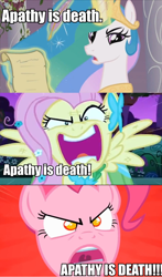 Size: 840x1430 | Tagged: safe, fluttershy, pinkie pie, princess celestia, alicorn, earth pony, pegasus, pony, apathy, caption, image macro, knights of the old republic, star wars