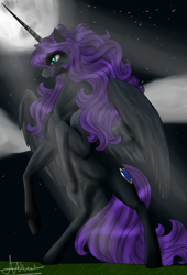 Size: 750x1100 | Tagged: safe, artist:annaslolart, artist:leovictor, oc, oc only, oc:nyx, alicorn, pony, alicorn oc, crepuscular rays, moon, night, open mouth, rearing, solo, spread wings, unshorn fetlocks