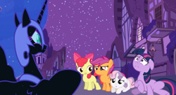 Size: 1000x544 | Tagged: safe, artist:fallingrain22, apple bloom, scootaloo, sweetie belle, twilight sparkle, oc, oc:nyx, fanfic:past sins, nightmare nyx