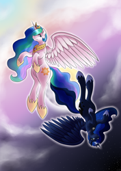 Size: 2480x3507 | Tagged: safe, artist:quila111, princess celestia, princess luna, alicorn, pony, crown, female, horn, mare, siblings, sisters