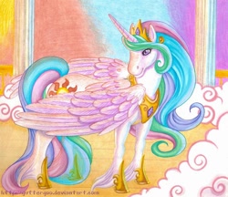 Size: 944x814 | Tagged: safe, artist:guttergoo, ponerpics import, princess celestia, alicorn, pony, solo, traditional art, unshorn fetlocks