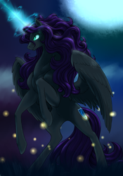 Size: 978x1400 | Tagged: safe, artist:leovictor, artist:sevireth, oc, oc only, oc:nyx, alicorn, firefly (insect), pony, :o, alicorn oc, colored, female, glare, glowing horn, magic, mare, older, rearing, regal, serious, solo, spread wings