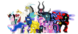 Size: 1600x700 | Tagged: safe, discord, lord tirek, nightmare moon, pluto, princess cadance, princess celestia, princess erroria, princess luna, princess skyla, queen chrysalis, twilight sparkle, twilight sparkle (alicorn), oc, oc:fausticorn, oc:niggertron, oc:nyx, oc:tiara ultima, oc:ticket, alicorn, changeling, changeling queen, pony, 4chan, alicorn oc, meme, red and black oc, simple background, tiara ultima, transparent background